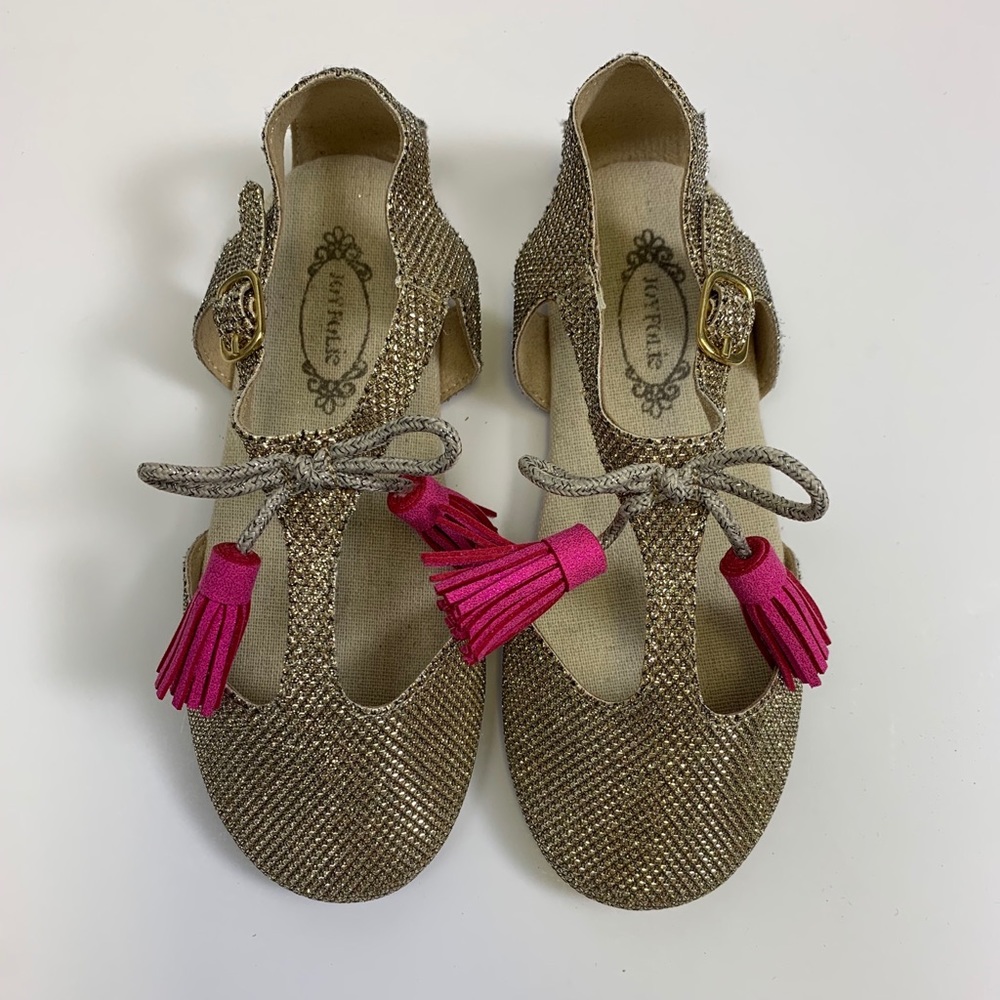 New Joyfolie girls t strap tassel gold flats shoes
